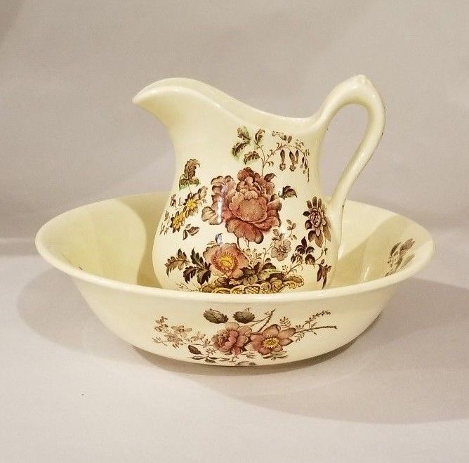 ROYAL CROWNFORD Transferware Pitcher & Bowl CHARLOTTE Multicolor ENGLAND