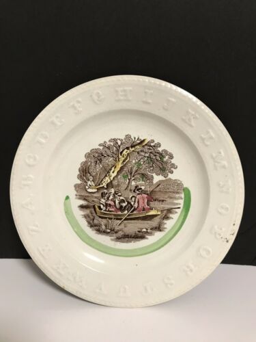 Antique Staffordshire ABC ALPHABET Child POLYCHROME PEOPLE FISHING in BOAT PLATE