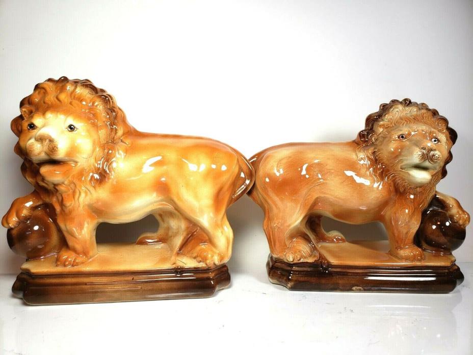 1920s Large Pair of Staffordshire Lions w/ Orbs/Balls Statues Glass Eyes 11