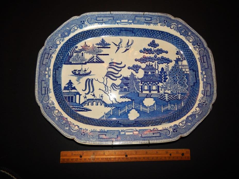 Antique 19th C English Staffordshire Blue Transfer Asian Pagoda Platter 16 3/4