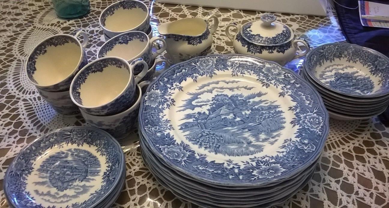 ENGLISH VILLAGE 33 DINNER PIECES SALEM CHINA CO. STAFFORDSHIRE ENGLAND BLUE