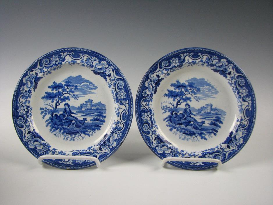 Pair of Antique Blue Staffordshire Transferware Plates Boy & Dog c.1825