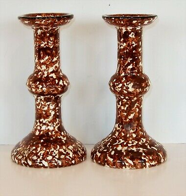 PAIR STANGL COUNTRY BROWN SPONGEWARE CANDLESTICKS~CANDLE HOLDERS
