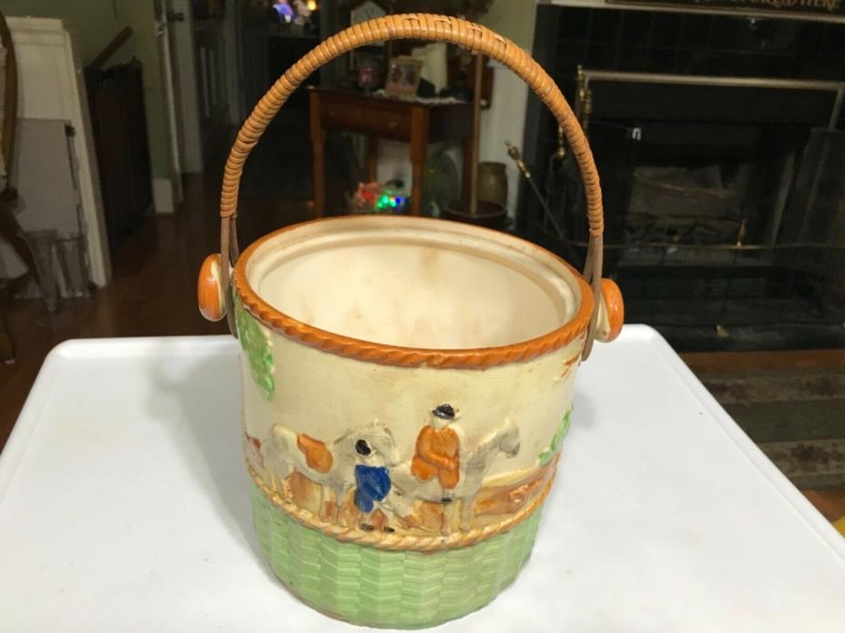 Vintage Pottery Fox Hunting Basket Look Container with Weave Handles /1940’s