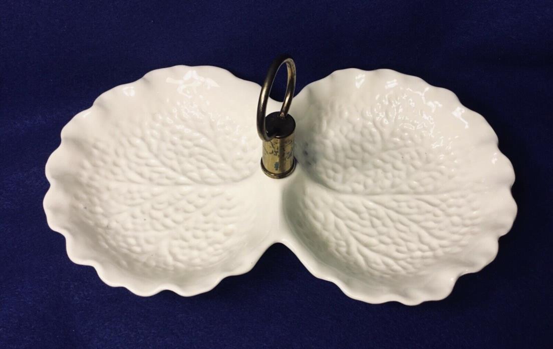 Vtg. Stangl Pottery Ivory Double Leaf Candy Dish With Gold Tone Handle