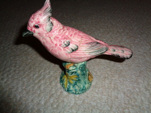 Stangl pottery pink bird figurine green tree branch yellow leaf cockatoo black e