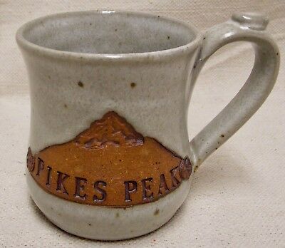 Pikes Peak Mountain Stoneware Pottery Mug with Thumb Rest 8 oz, Signed by Artist