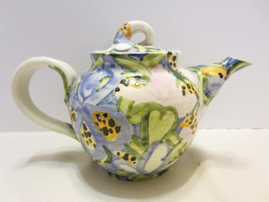 Artisan Made Hand Thrown & Painted Teapot Signed Blues Yellows Greens
