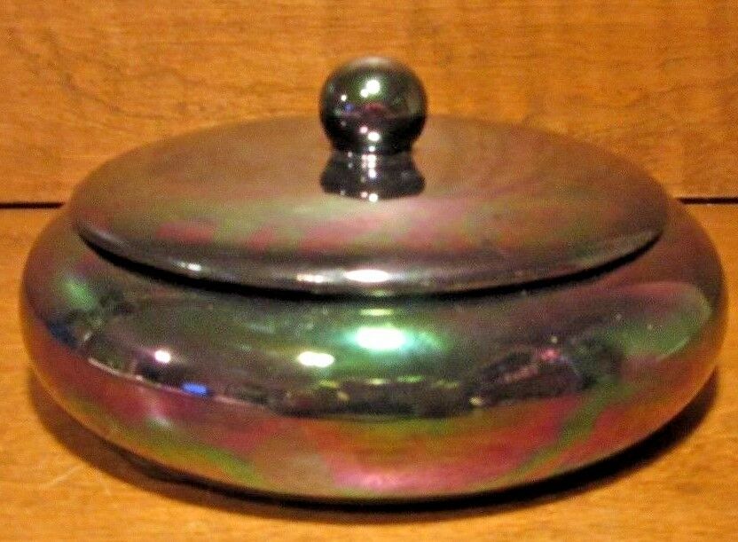 vintage candy Dish Pot Bowl w/ Lid Pottery Ceramic Blue Iridescent Glaze