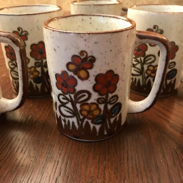 Mid Century Set of 6 Hand Painted Glazed Pottery Coffee Cups Mugs Vintage 1960s