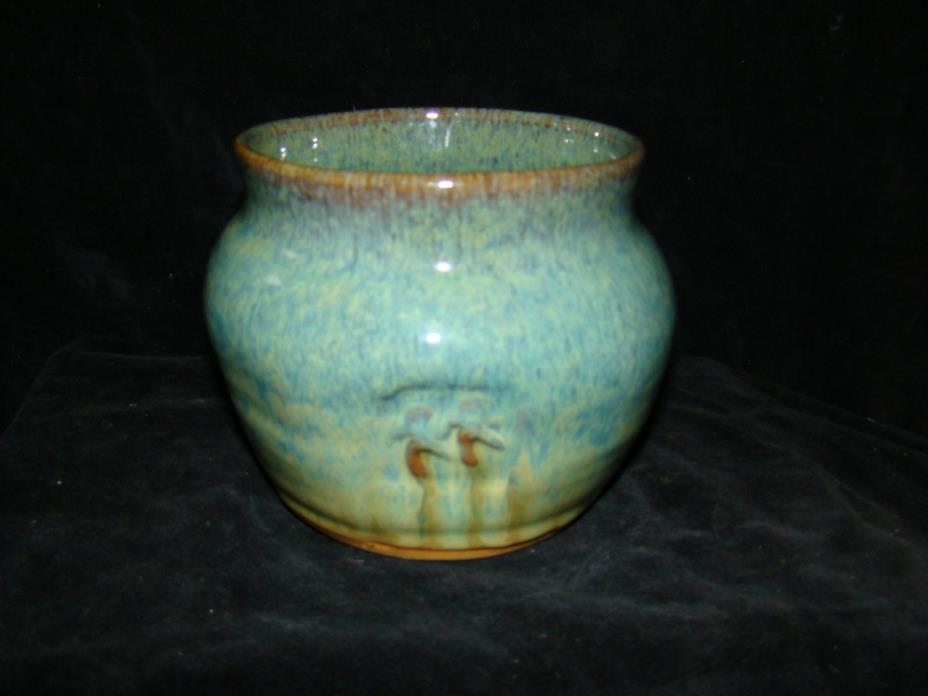 Blue Green Art Pottery Pot Clay Ceramic Hand Thrown Made Signed Tileia