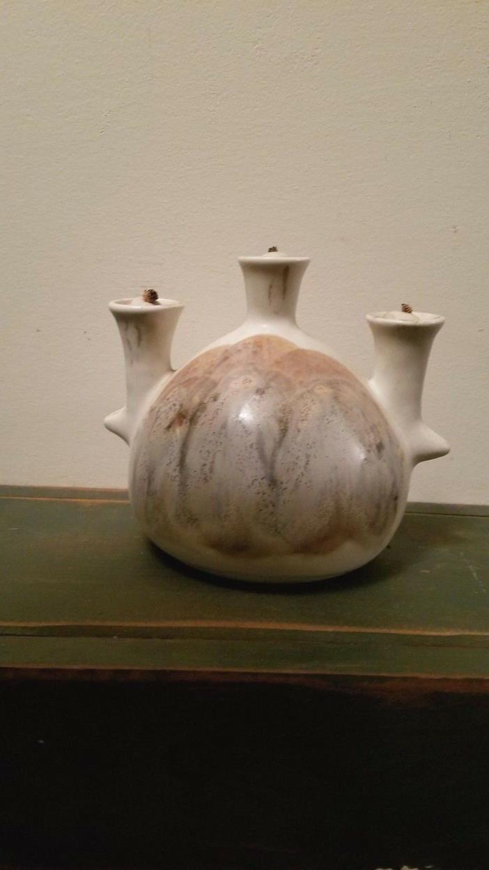 Kravec Studios Triple Oil Lamp Vase Cream Beige Pottery