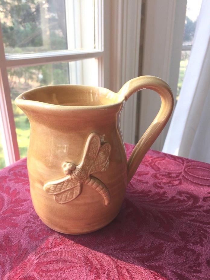 Vintage signed B. McVan Studio Pottery pitcher with applied Dragonfly
