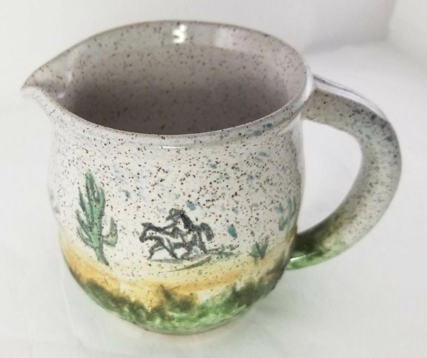 Vintage Studio Pottery, hand thrown small pitcher, signed Sharon Harris, cowboy