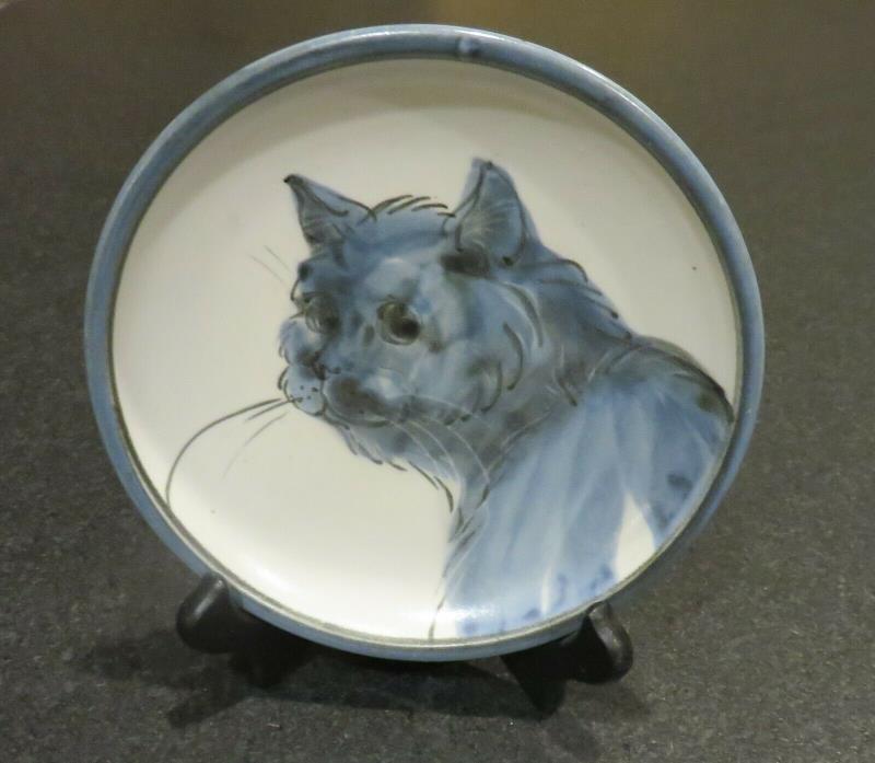 Blue Cat Art Pottery Plate whiskers blue & white