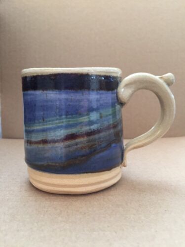 Hand Thrown Pottery Stoneware Coffee Cup Blue Brown Swirl Mug Artist Signed VGC