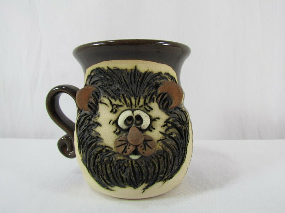 Handmade Stoneware Mug 3-D Lion Face Signed Lion Mug Carved