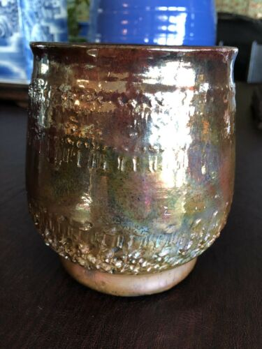 Signed Hand Thrown Studio Pottery Bulbous Vase Iridescent Luster Glaze