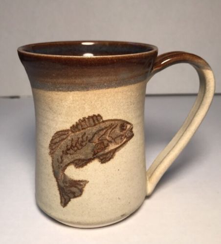 Hand Thrown Pottery Mug Cup Signed Fish Design Tan Brown 4