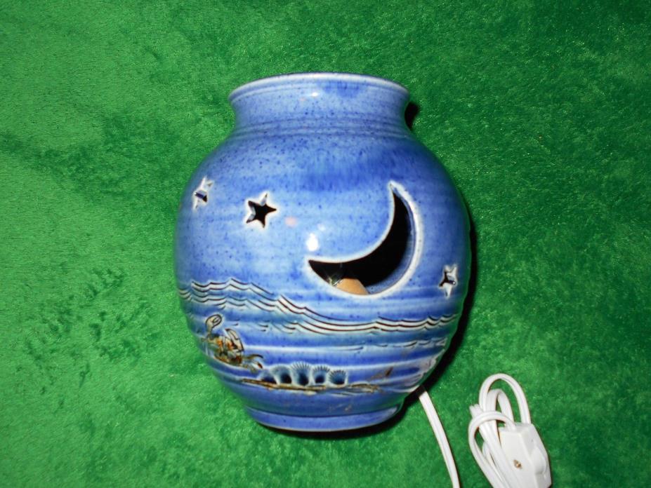 Hand thrown studio clay pottery lamp Blue signed