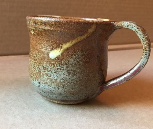 Hand Thrown Pottery Cup 8 Oz Brown Yellow Drip Splash Glaze 3-3/8