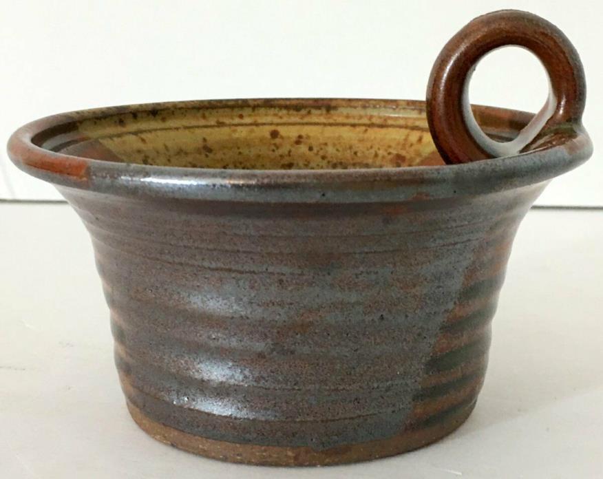 Studio Pottery Candle Holder Chamberstick Brown Tan Rust Hand Thrown Signed  EUC