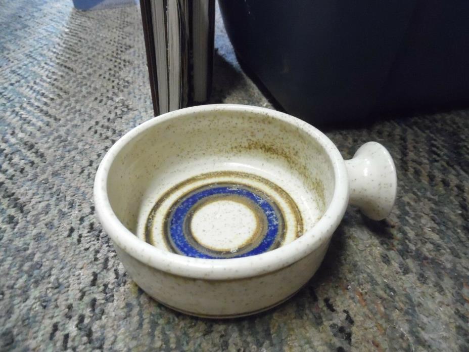 Vintage pottery stoneware soup cereal bowl with handle blue & green  signed