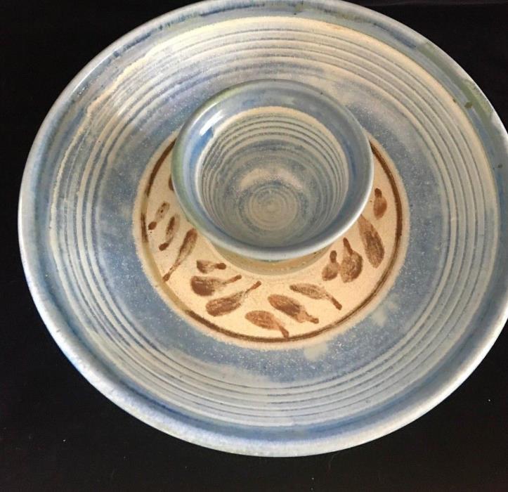 Studio Art Pottery Chip and Dip Blue and Brown Hand Thrown Bowl signed Miller