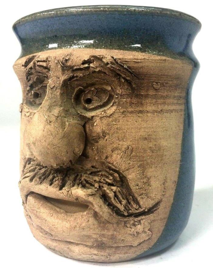 1977 Artist Signed Gube Art Pottery Stoneware Face Mustache Coffee Mug Cup Blue