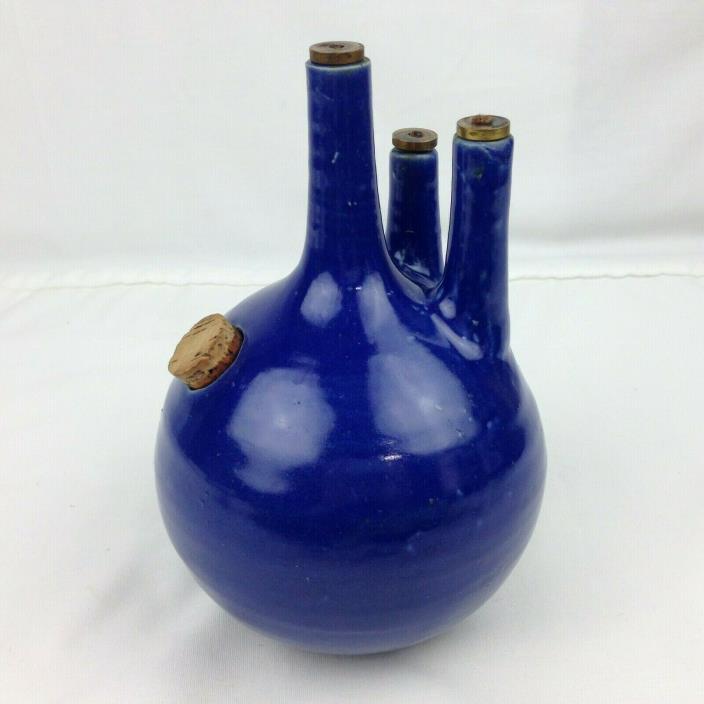 Handmade Studio Clay Pottery Round Triple Tube Oil Lamp Blue Glaze Art Deco