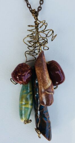 Hand Made Stoneware Pottery Beaded Pendant Necklace Green Blue Aqua Brown