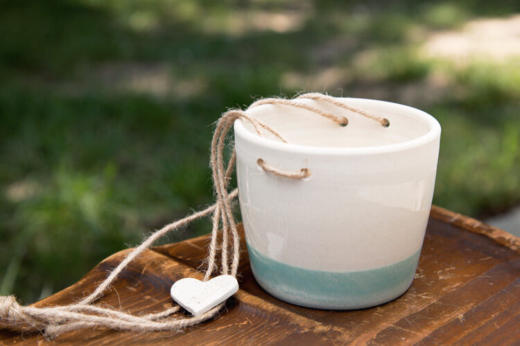 Cute Cream/Blue Glazed w/Jute Pottery Hanging  Planter Signed,15''H.