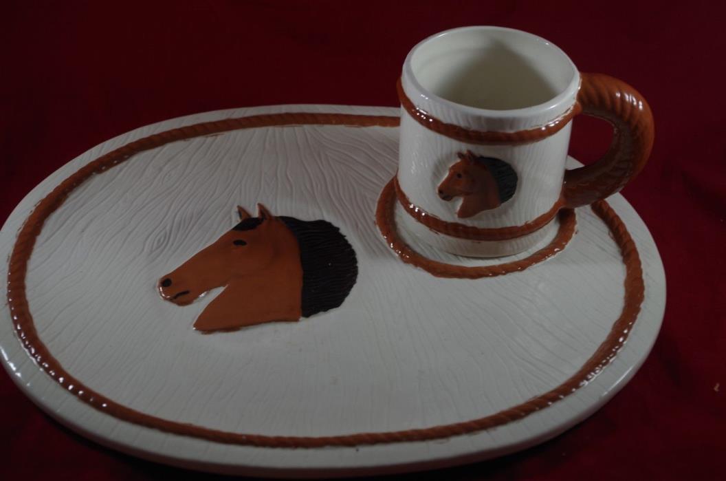 Vintage 2 Piece Horse Head Oval Plate Mug Cup Pottery/Ceramic 1972 Folk Art Rope