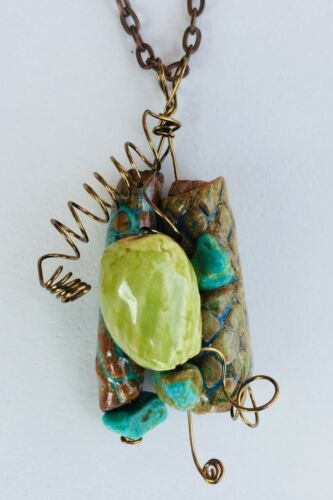 Hand Made Stoneware Pottery Beaded Pendant Necklace Green Blue Turquoise Nuggets