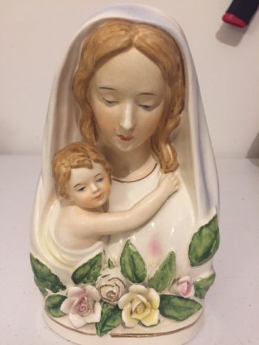 Vintage Mary And Baby Jesus Ivory/Pink/yellow Flower Pot 8