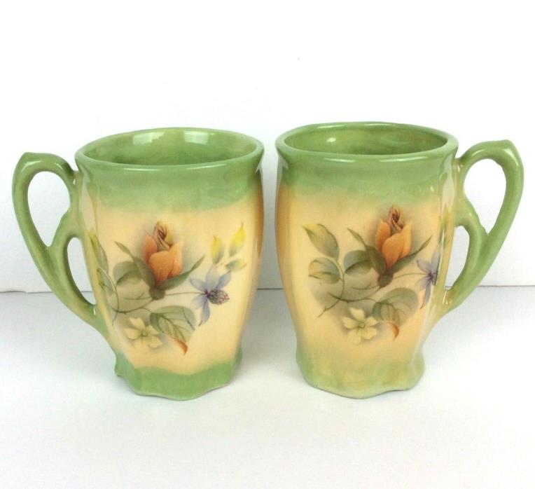 Small Vintage Floral Cups Demitasse Style Green Yellow with Roses Lot of 2