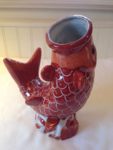 Fish Shaped Open Mouth Vase Burnt Orange White  Tail, Scales, Fin