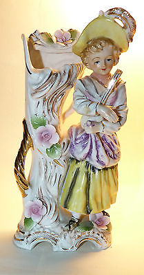 Beautiful Color Japanese PORCELAIN VASE Lady with Mandolin Head Cracked Repaired