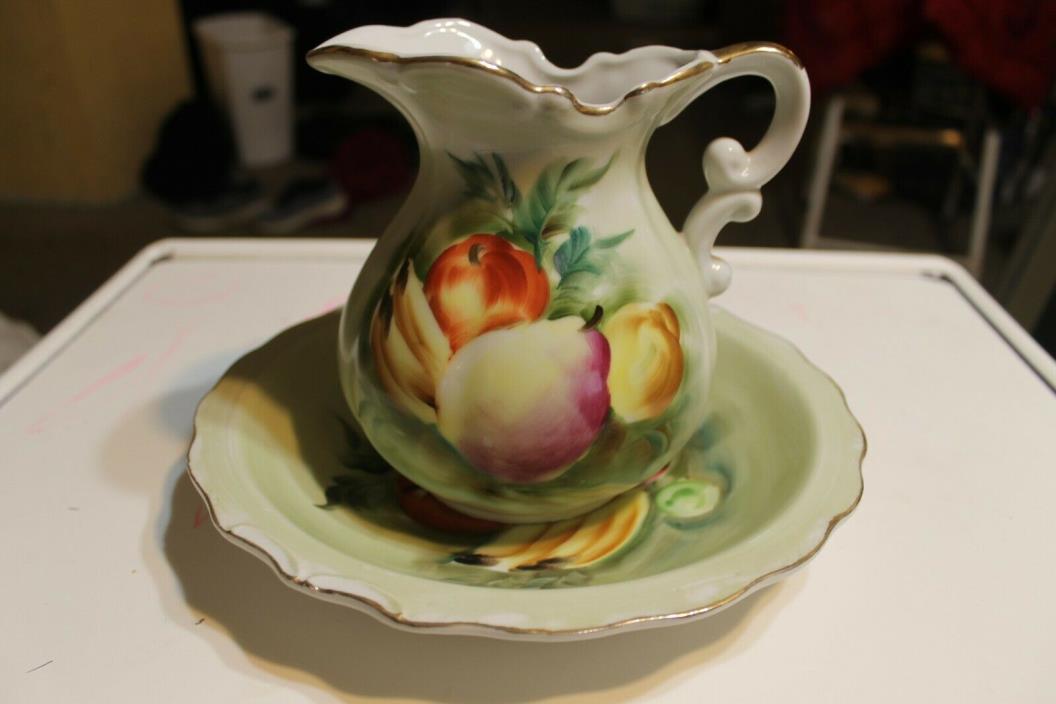 Vintage Creamer Pitcher And Wash Bowl Basin Fruit Porcelain L386