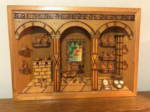 VTG 3D SHADOW BOX ART POTTERY MEXICO INSPIRED Wall Hanging MADE IN MEXICO