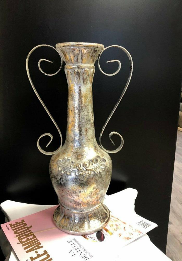 Ornate Silver & Gold Foiled Flower Vase Urn Greek Revival Style