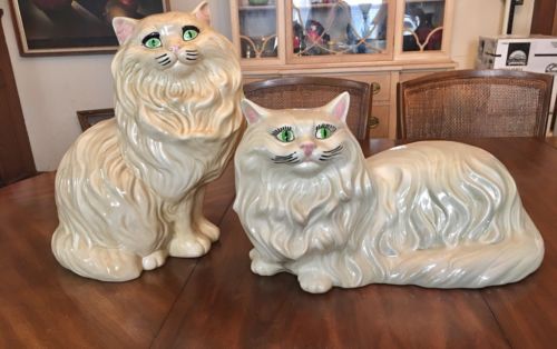 Vintage Pair Persian Cat Large Life Size White Ceramic Pottery Floor Statue NICE