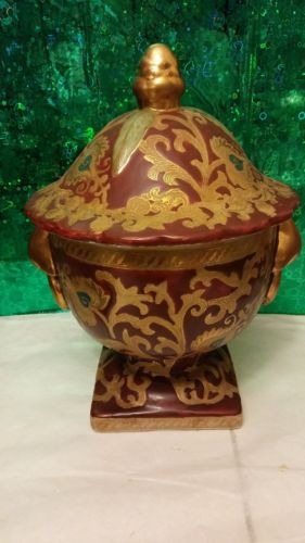 Large Lidded Pedestal Bowl Rustic Red with Leaf Vine Design