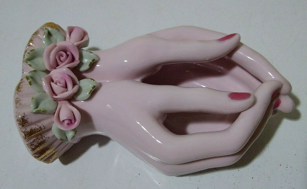 Vintage Ceramic Ladies Hands Trinket Jewlery box with Roses