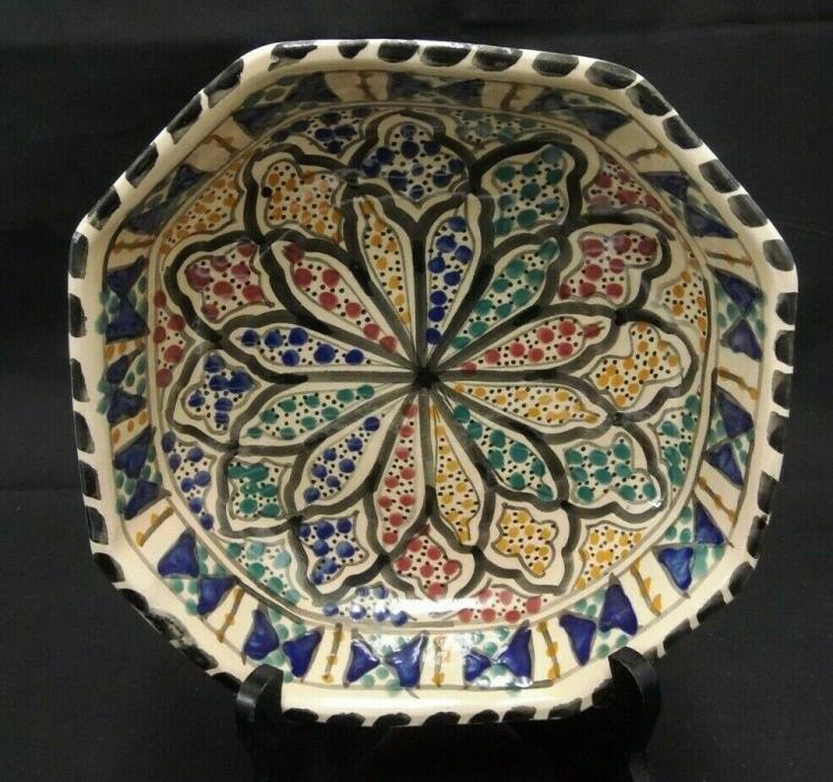 HANDMADE HAND PAINTED OCTAGON POTTERY BOWL 7.75