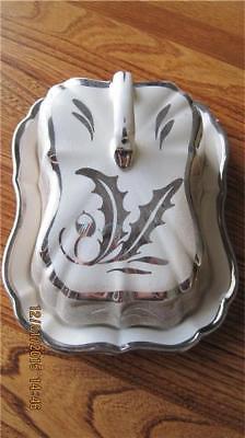 Antique Silver Overlay Festive Holly Ceramic BUTTER DISH / CHEESE SAVER w Handle