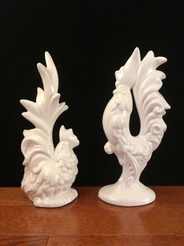 Set / Pair Vintage White Art Pottery Chickens MCM Retro Roosters