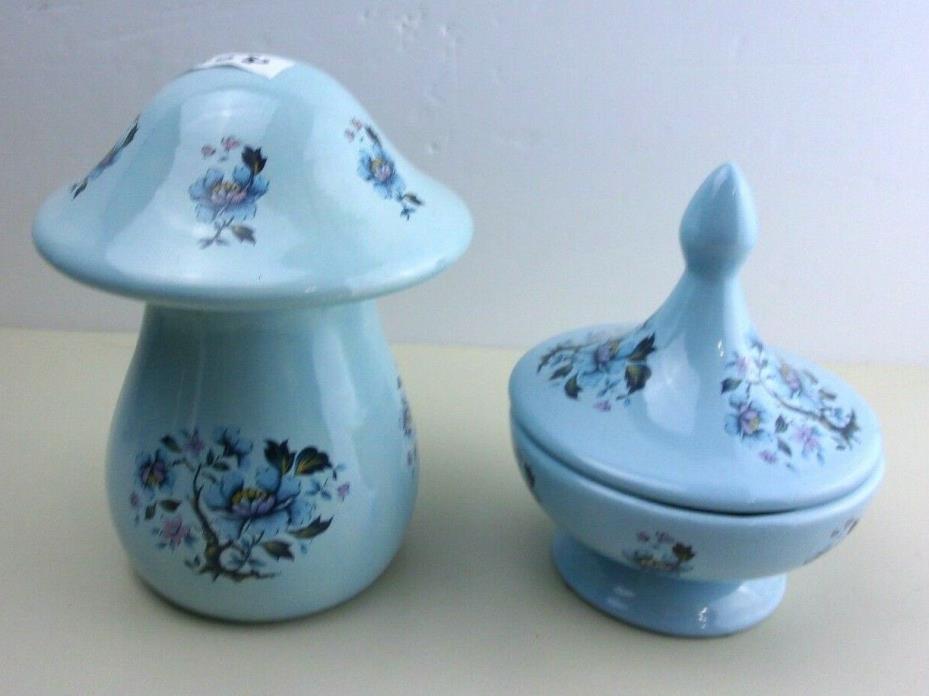 Vintage Blue Floral Ceramic Mushroom Shaped Covered Container and Candy Dish