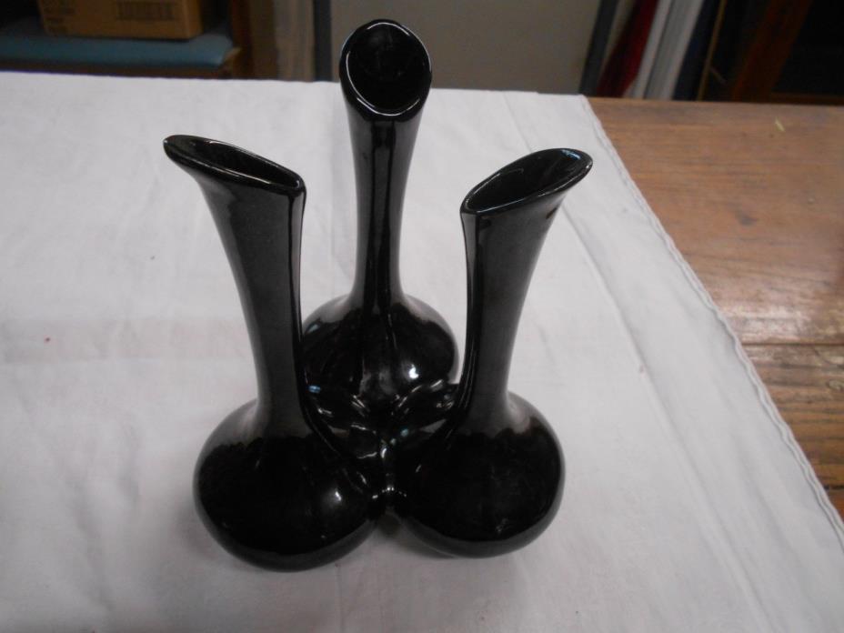 vintage Van Briggle pottery black triple vase art glass