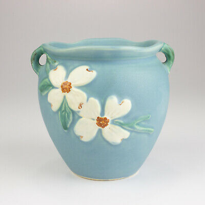 Weller Pottery Bouquet Vase or Pot, Shape B-15, Blue with White Dogwood Blossoms